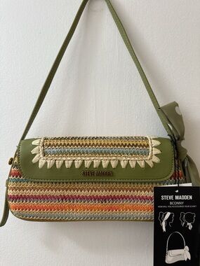 Steve Madden Olive Multicolor Woven Shoulder Bag with Scarf Accent